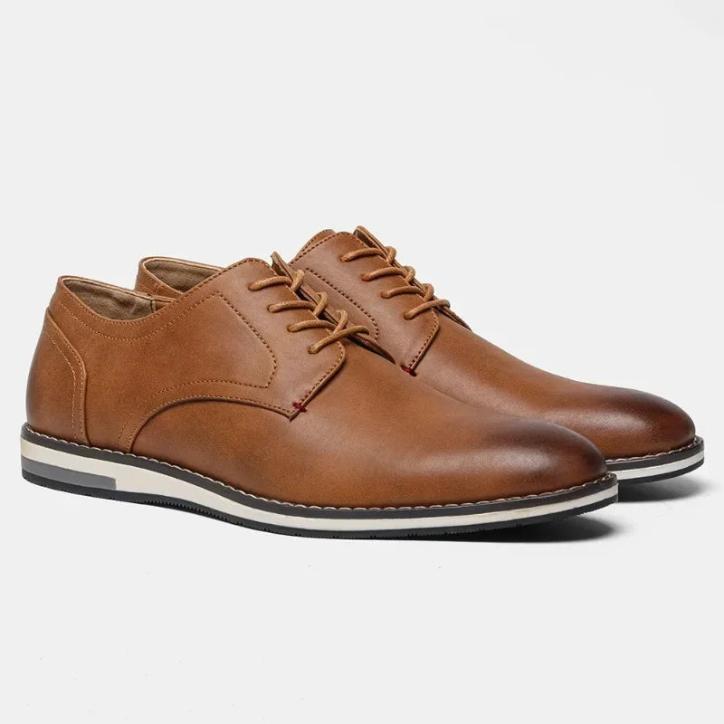Men's brown synthetic leather derby shoes with rubber outsole, business casual style for all-day comfort