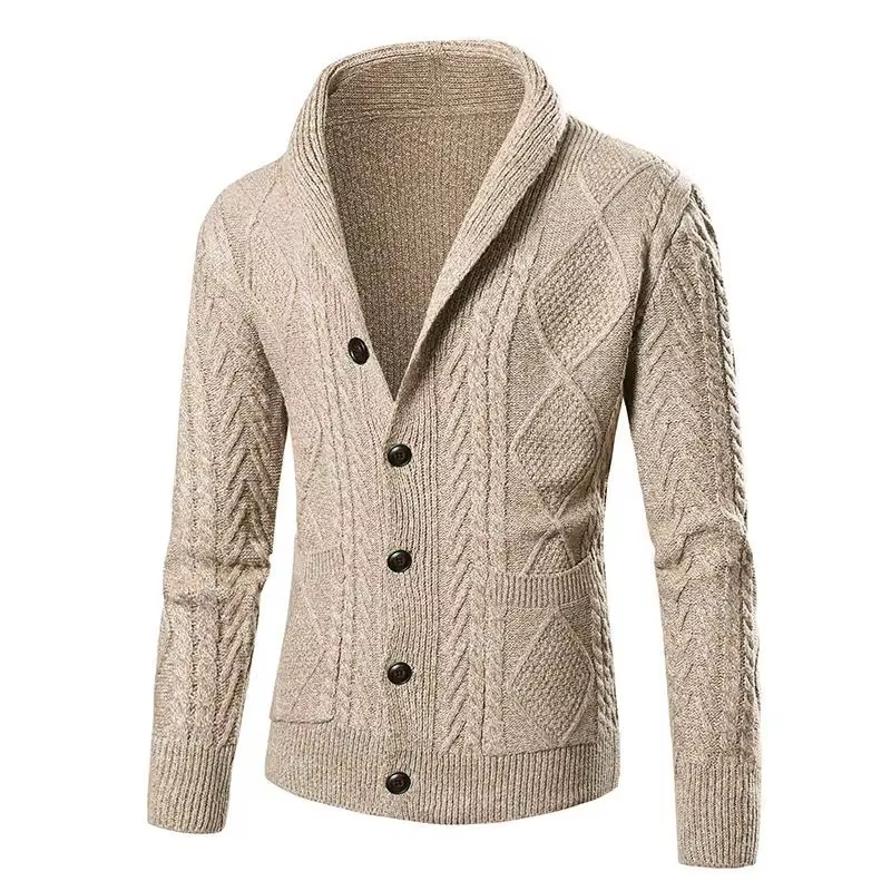 Men's slim fit dark knit cardigan coat with shawl collar and single-button front closure