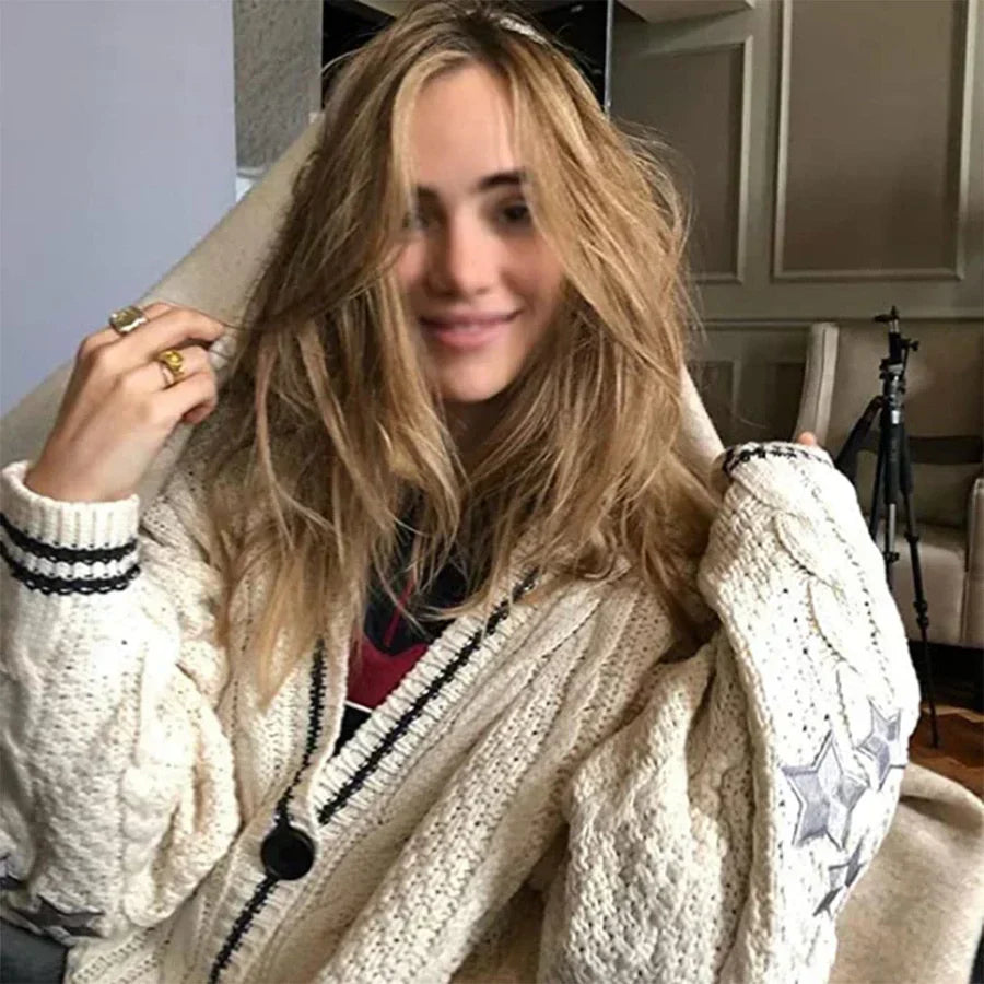 Caramel embroidered cardigan for women, cozy soft knit with autumn floral embroidery details