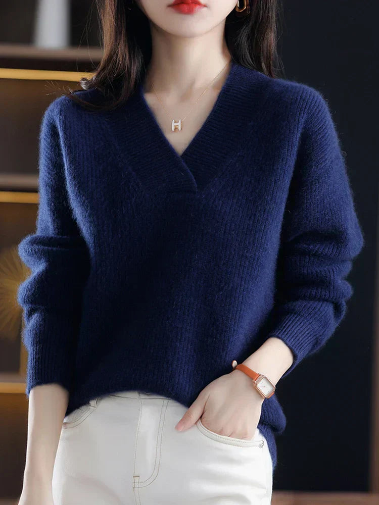 Women's soft knit V-neck pullover sweater relaxed fit with ribbed trim cozy essential