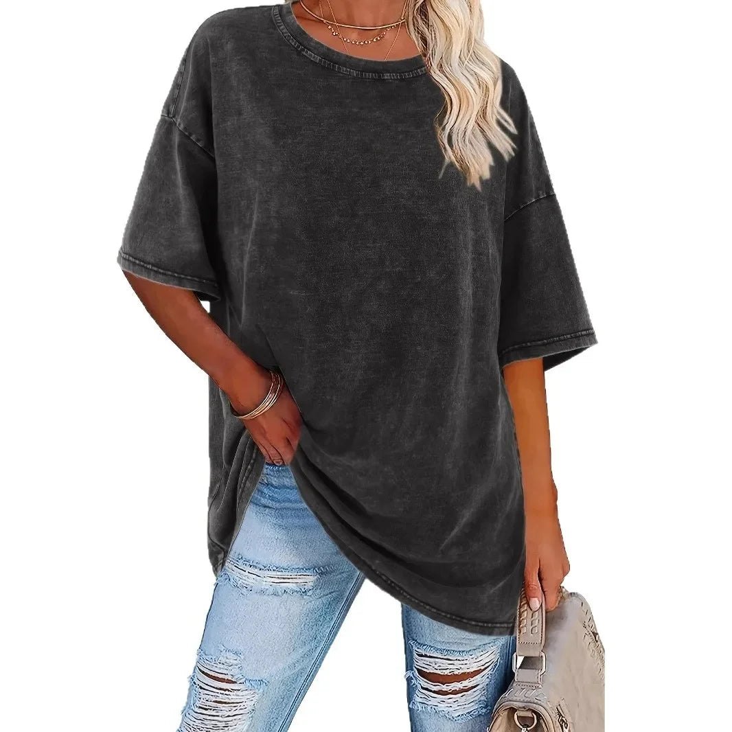 Women's oversized white cotton t-shirt relaxed fit breathable round neck casual summer tee