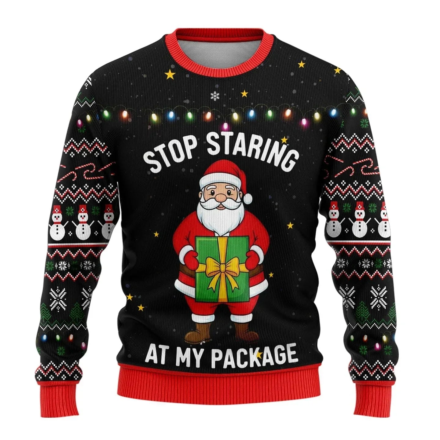 Men's red Christmas knit sweater with playful snowman print, cozy classic fit for holiday gatherings