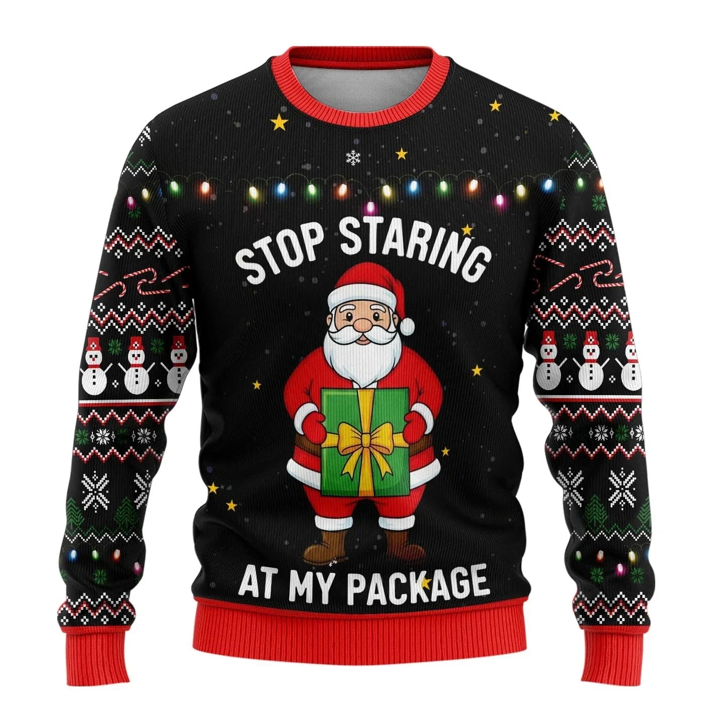 Men's red Christmas sweater classic fit with festive snowman print, perfect for holiday parties