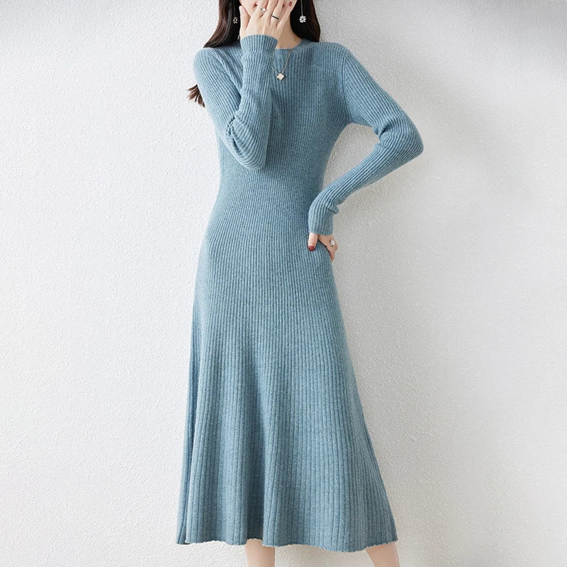 Women's long sleeve wool knit dress minimalist ribbed silhouette in neutral warm tone