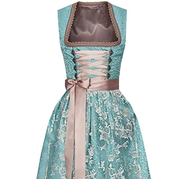 Women's Bavarian dirndl dress blue floral Oktoberfest costume with flattering fitted bodice