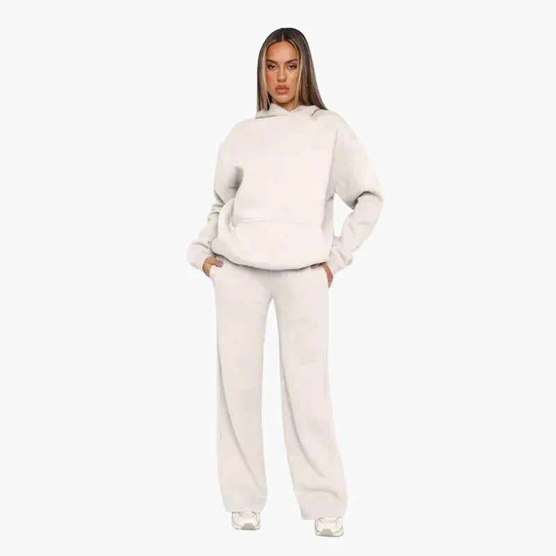 Women's casual loungewear set with relaxed hoodie kangaroo pocket and wide leg pants cozy everyday outfit