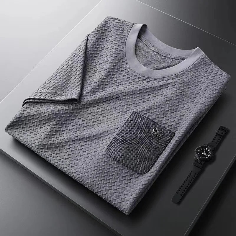 Men's waffle knit jacquard shirt athleisure snug fit breathable stretch lightweight casual top