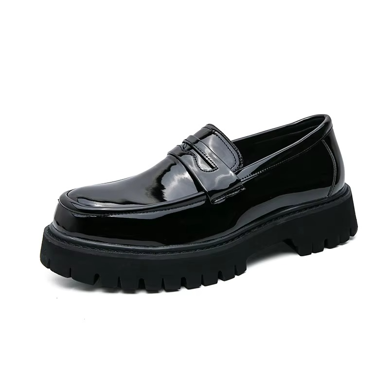 Men's black platform leather loafers slip-on formal dress shoes with thick rubber sole for business