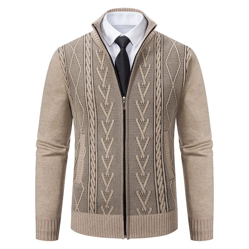 Men's gray cable knit zip-up sweater with stand collar and geometric textured front panel
