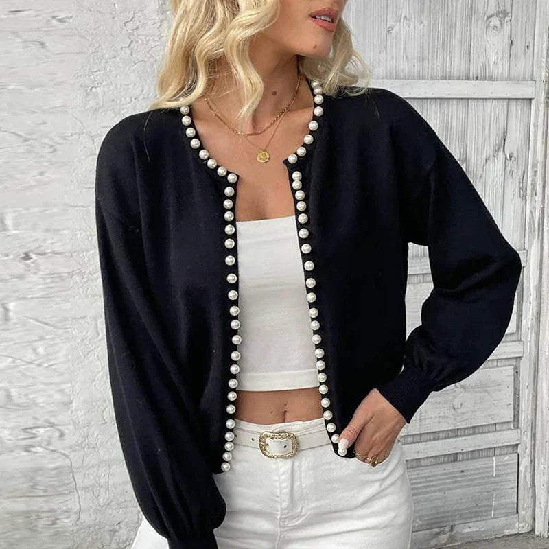 Women's pearl-lined knit cardigan soft lightweight relaxed fit with hush-bright pearl accent detailing