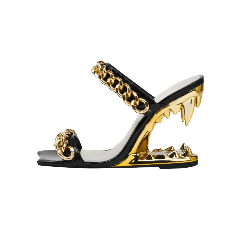 Black feral slingback heels with sculpted tiger teeth heel, bold evening stiletto for women
