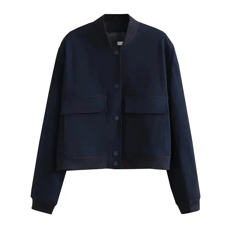 Women's casual bomber jacket relaxed fit with functional pockets, versatile everyday layering style