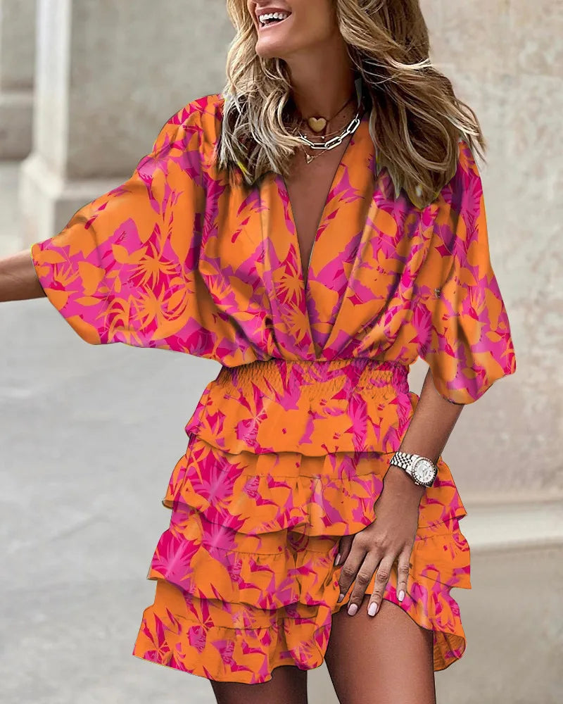 Luna | Women's Printed Ruffle Mini Dress V-Neck Smocked Waist Boho Dress