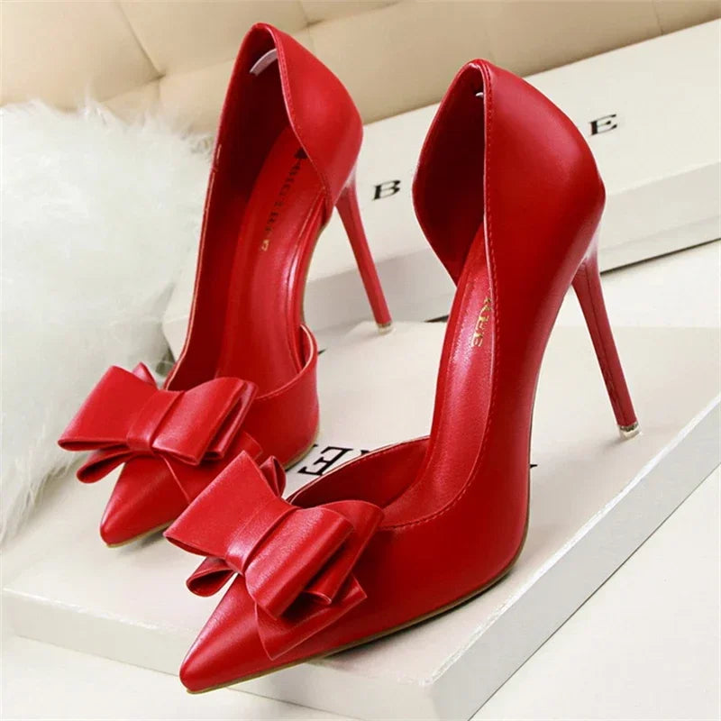 Pointed toe bow pumps elegant chic heels slim 11cm heel soft insole women's fashion shoes