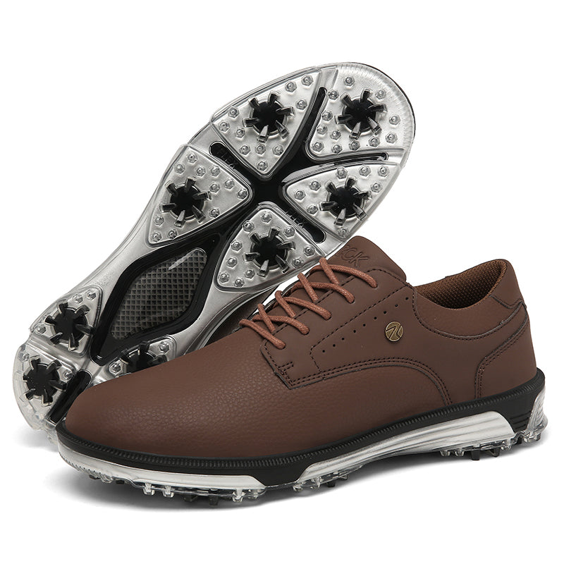 Men's leather golf shoes wide fit spiked cleats waterproof breathable stable traction white silver