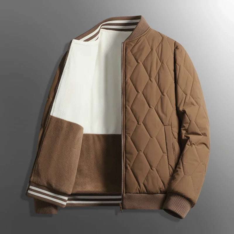 Unisex quilted bomber jacket reversible two-tone lining hip-length relaxed fit casual winter fleece