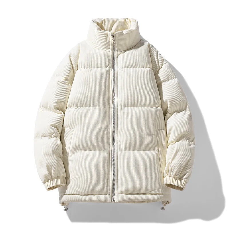 Men's oversized corduroy puffer jacket with quilted texture in relaxed silhouette for casual all-season wear