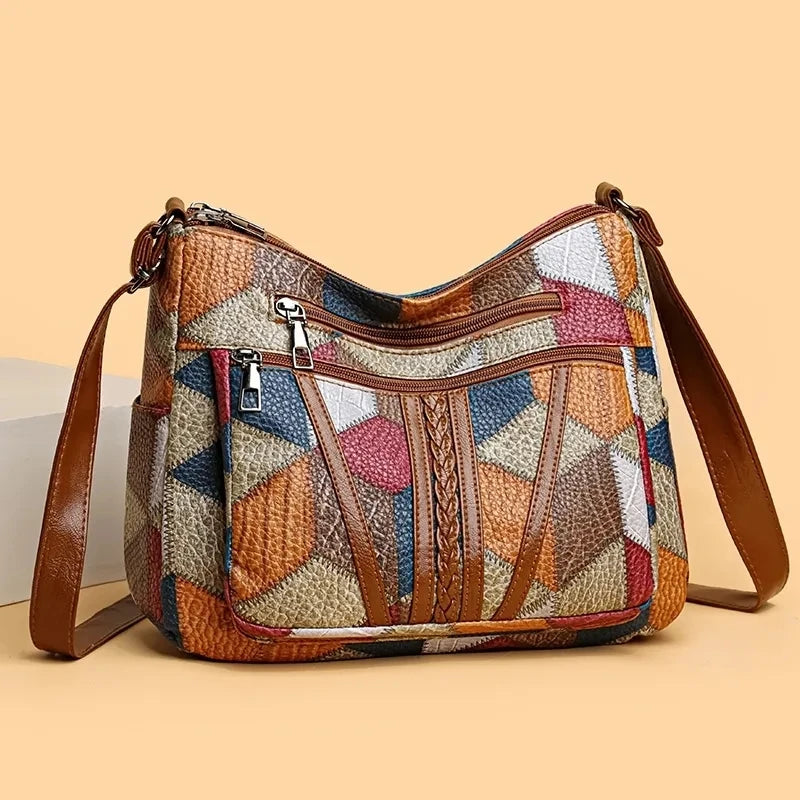 Multicolor geometric patchwork vegan leather shoulder bag with bold color-block panels