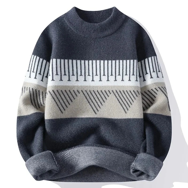 Cream Nordic geometric pattern unisex crew neck knit sweater with tonal minimalist motif