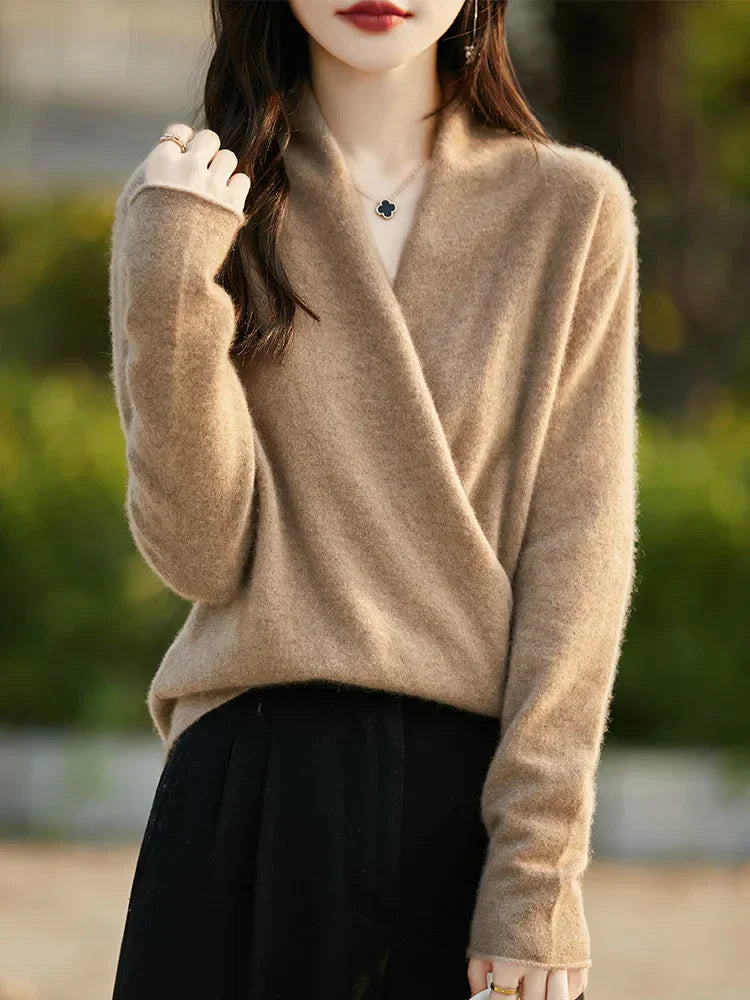Women's wool knit relaxed fit V-neck pullover sweater, cozy long sleeve casual essential