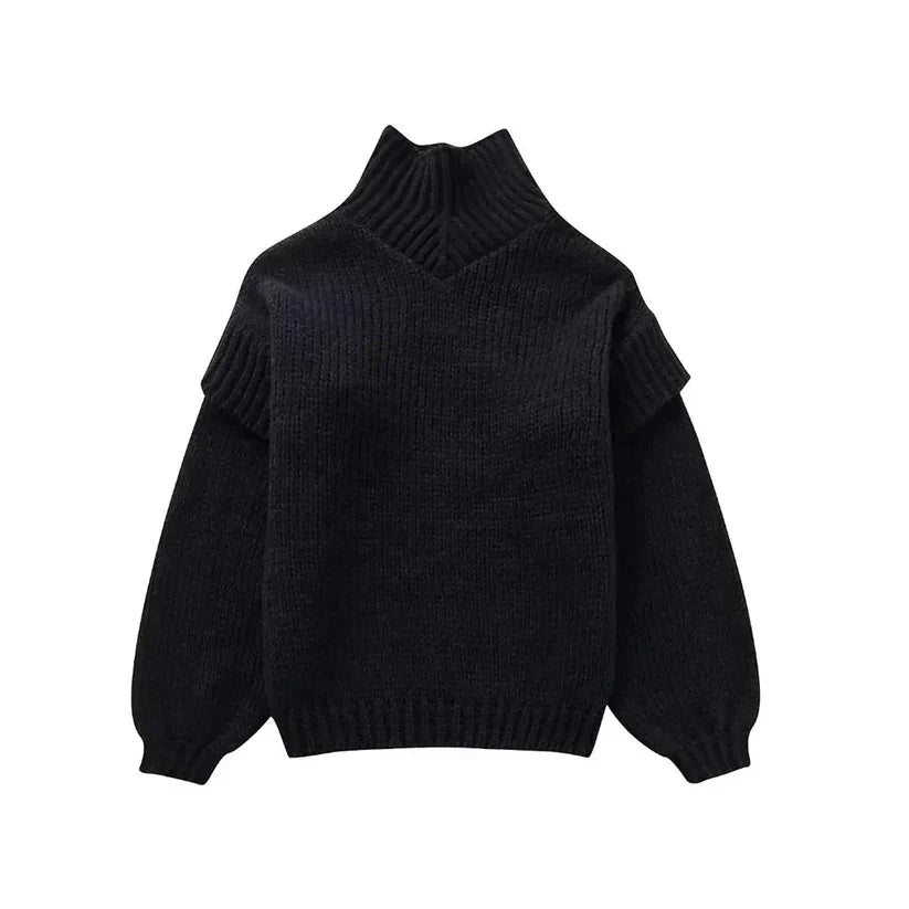 Women's oversized turtleneck knit sweater, cozy soft relaxed fit with high neckline for layering