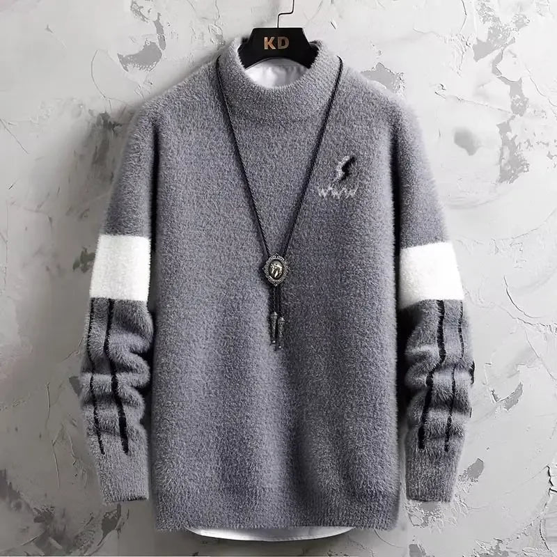 Two-tone textured knit sweater unisex relaxed fit plush cozy contrast sleeve panels