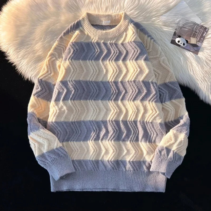 Women's chevron stripe knit sweater cozy crew neck everyday layer with textured pattern