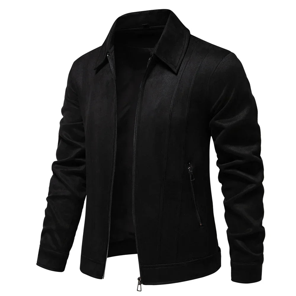 Men's tan suede trucker jacket slim tailored fit with zippered pockets, cold-weather layering essential