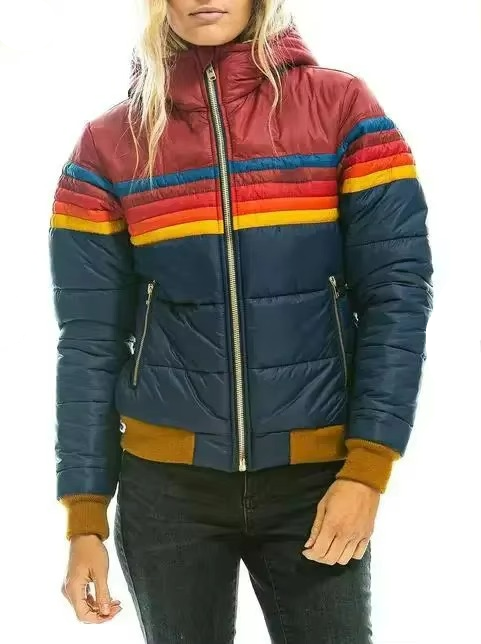 Women's striped color block puffer jacket with high collar and ribbed cuffs, lightweight retro warmth