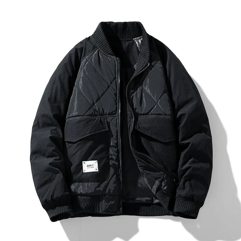 Men's quilted bomber jacket hip-length collared zip-front with ribbed trim and flap pockets