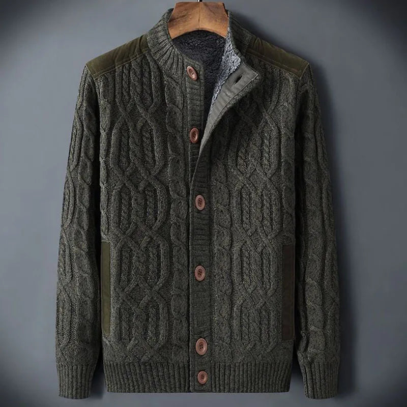 Men's cable knit cardigan sweater regular fit stand collar fleece-lined button front