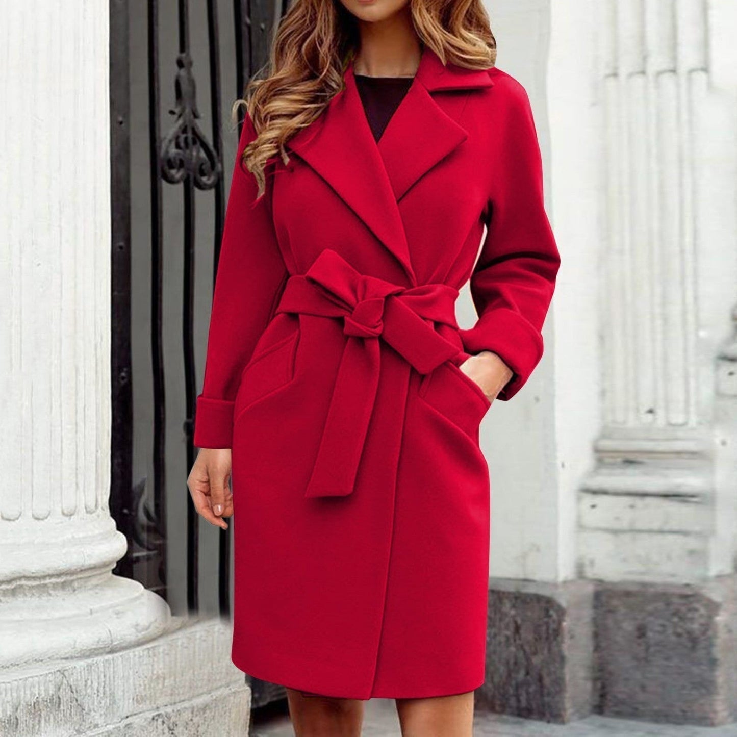 Women's wool blend knee-length trench coat with cashmere tie belt, wide lapels, polished work style