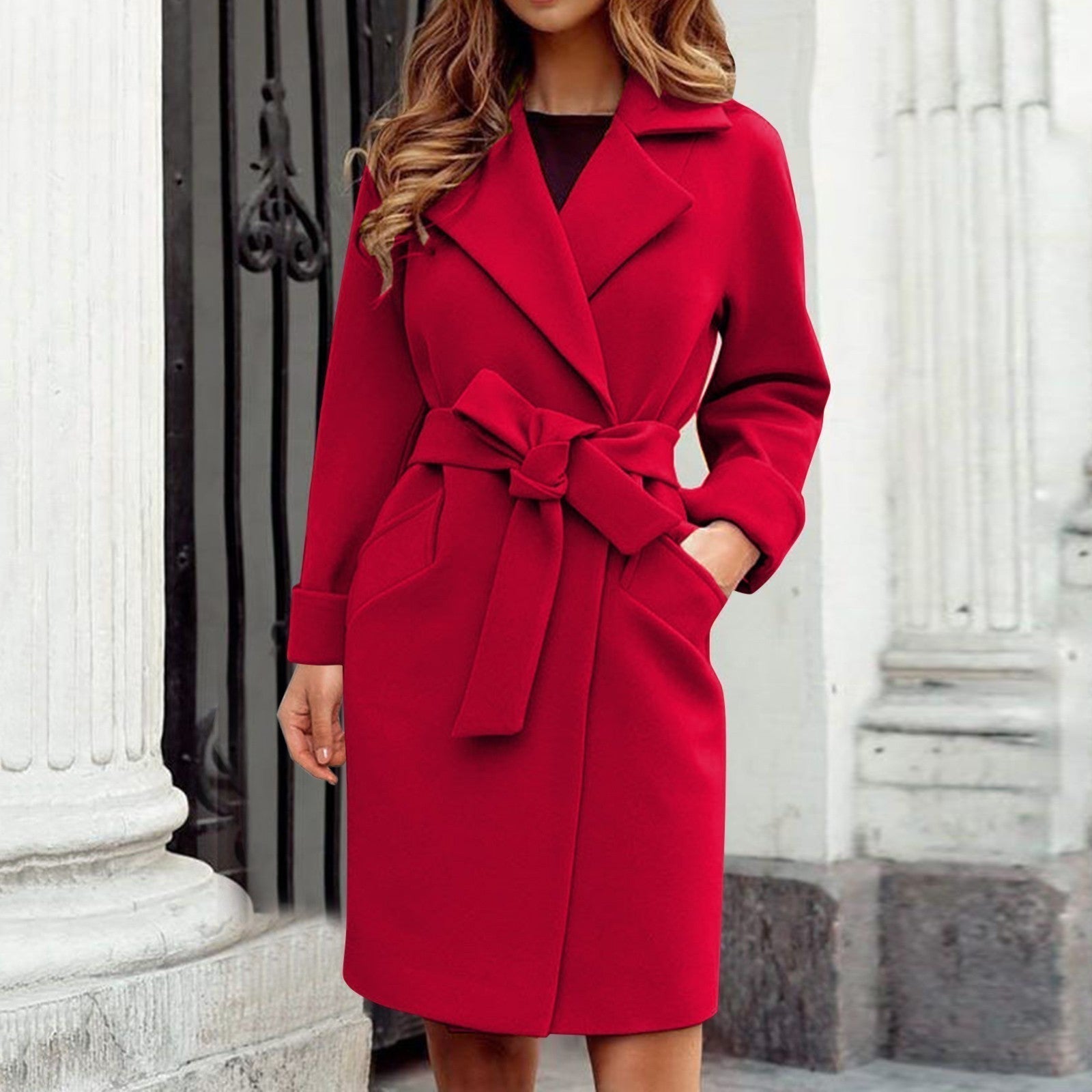 Women's wool blend knee-length trench coat with cashmere tie belt, wide lapels, polished work style