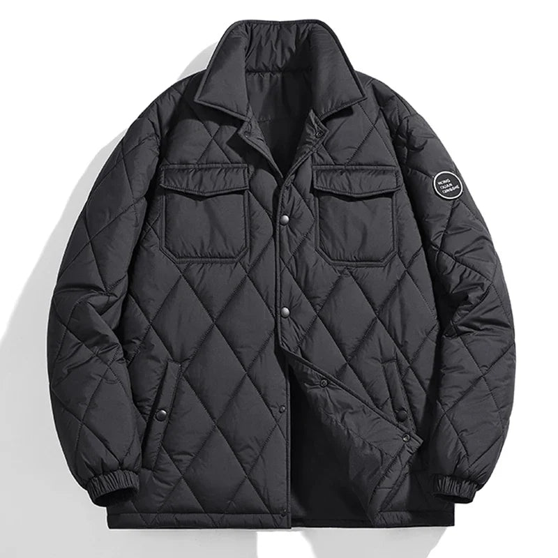 Women's quilted puffer winter jacket black stand collar snap button thick padding sleek modern fit