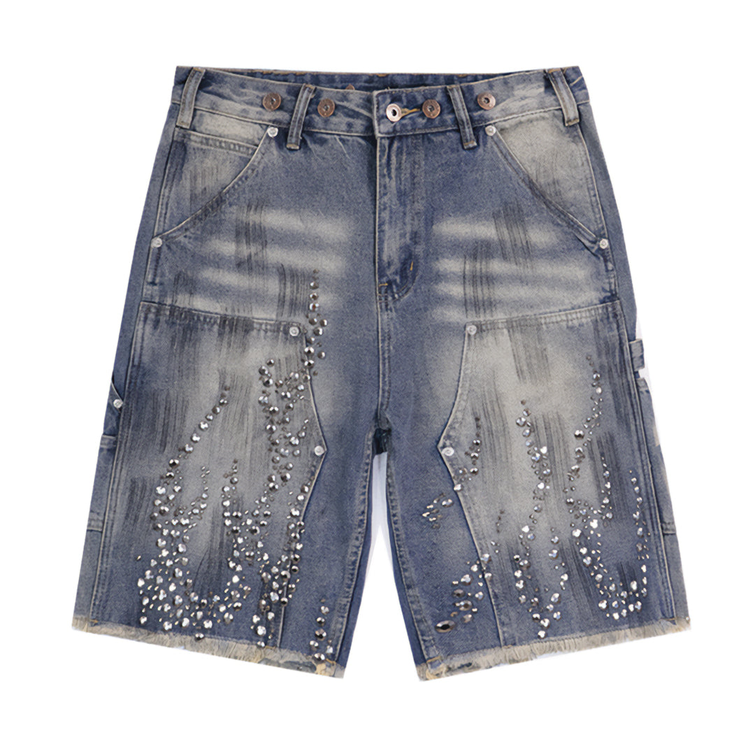 Blue denim loose-fit carpenter shorts with rhinestone flame studs and side pockets