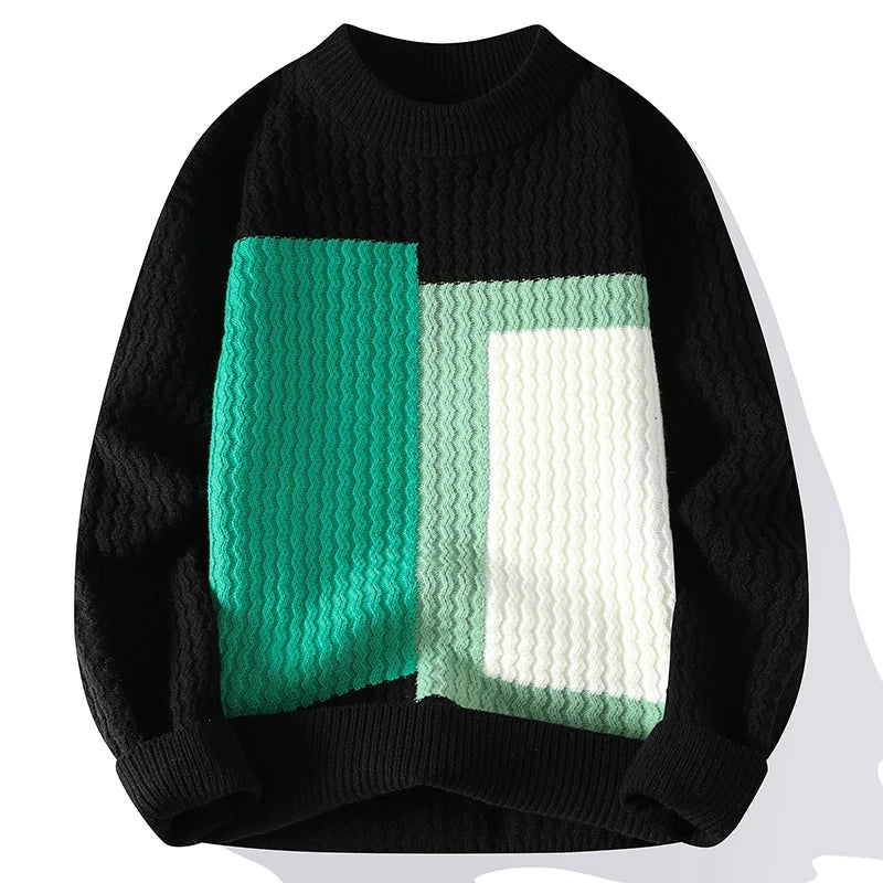 Geometric colorblock knit sweater unisex sculpted textured panels modern architectural style