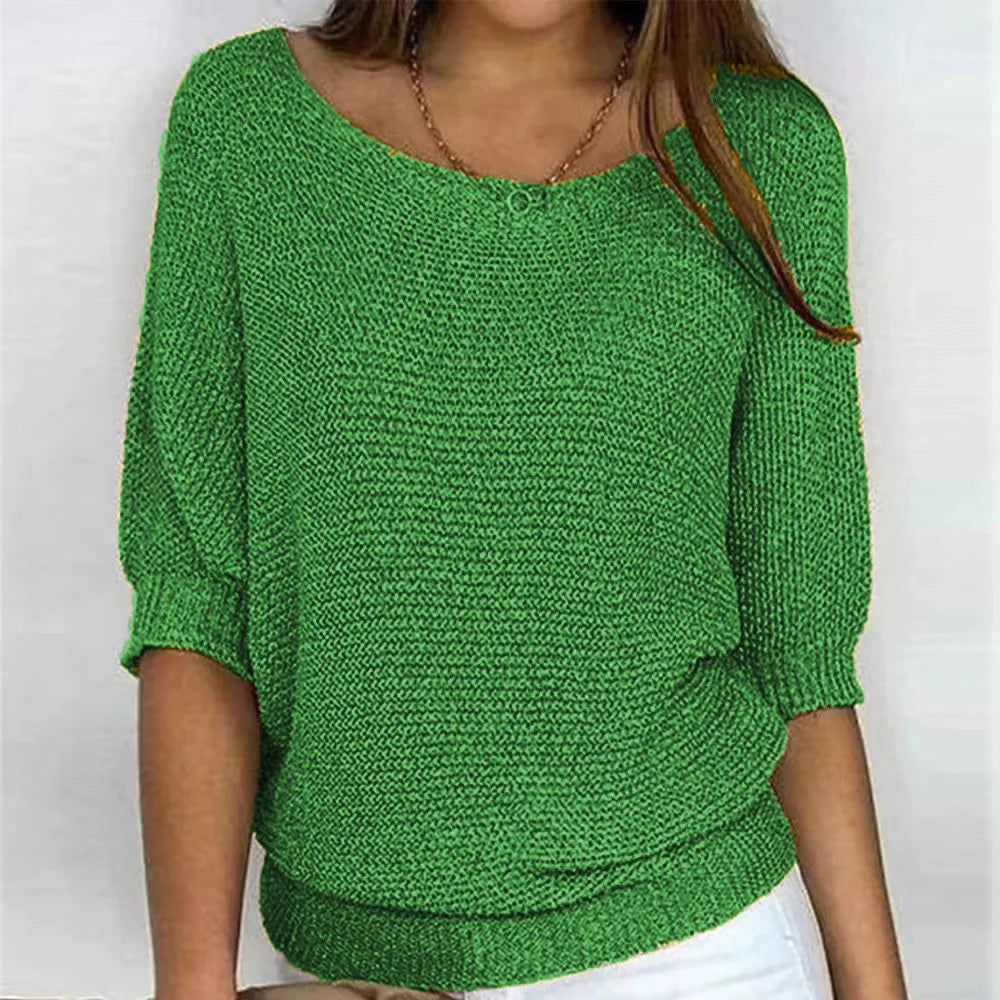 Women's loose fit round neck knit sweater three-quarter sleeves soft cozy everyday essential