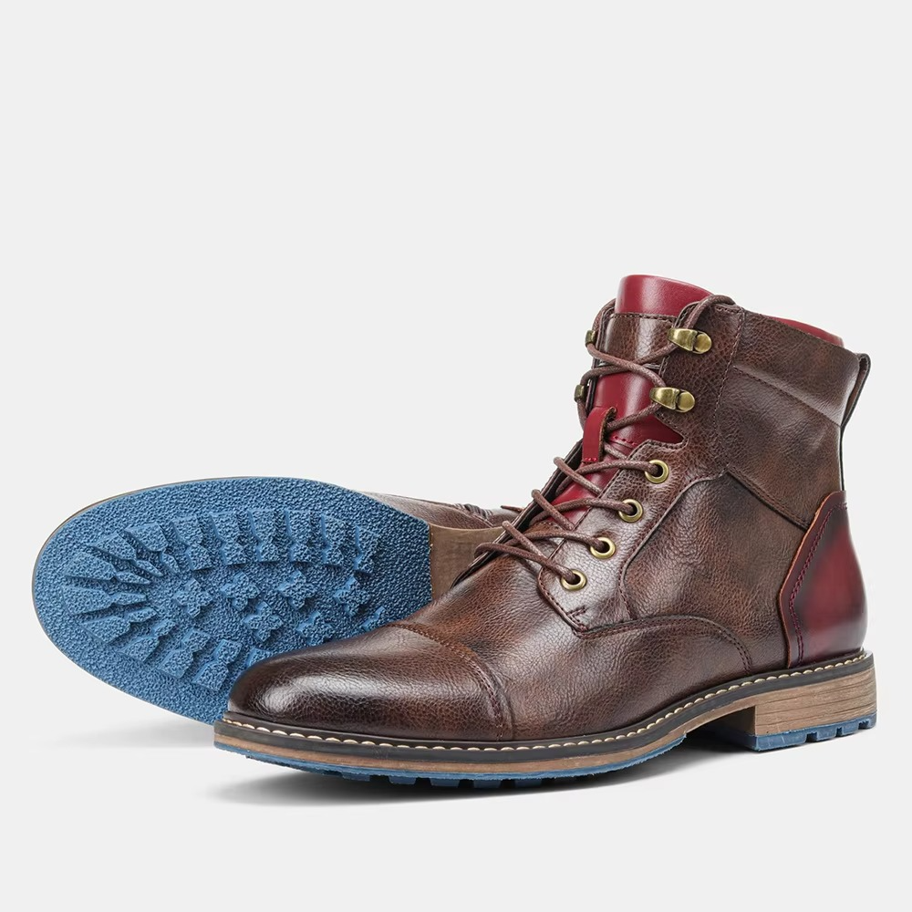 Men's brown full-grain leather ankle boots with polished finish, versatile office-to-weekend style