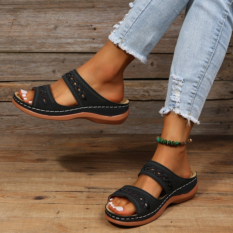 Olive green orthopedic women's sandals double strap with delicate embroidery all-day comfort