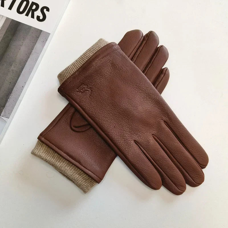 Men's black faux leather fitted gloves ribbed cuffs embossed logo cold weather winter style