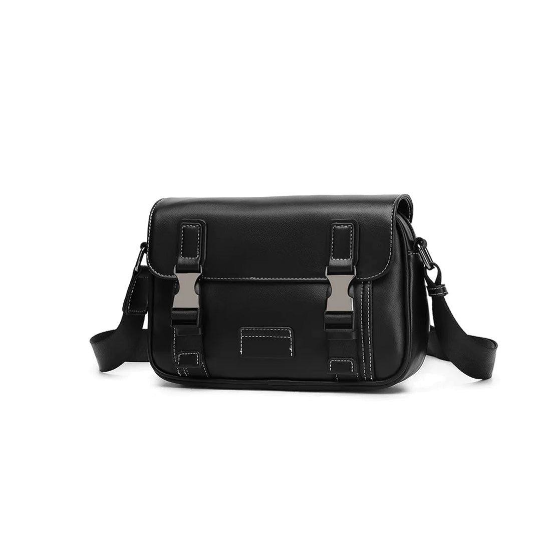 Urbann-Vibe black vegan leather varsity messenger bag lightweight snap-zip closure for commuters
