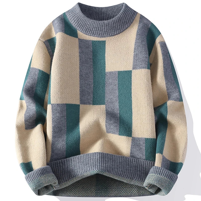 Women's colorblock geometric knit sweater with bold rectangular panel design in contrasting tones