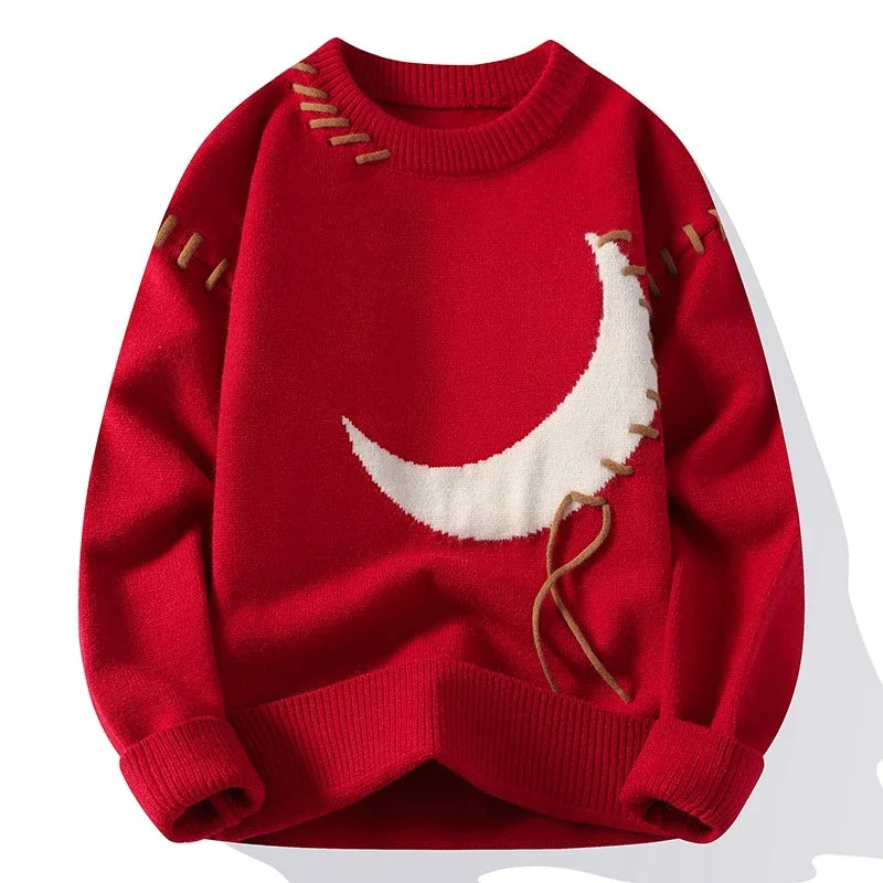 Women's cream knit crew neck sweater with crescent moon graphic and textured stitch detailing