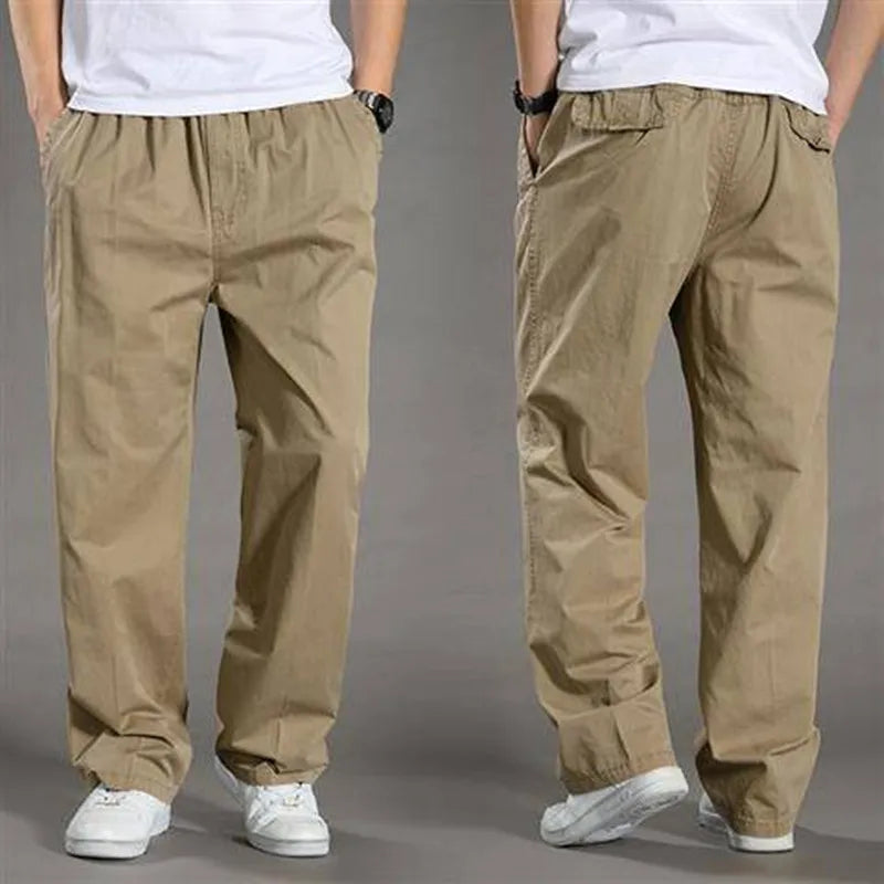 Men's wide-cut relaxed pants with elastic waistband, breathable everyday casual trousers