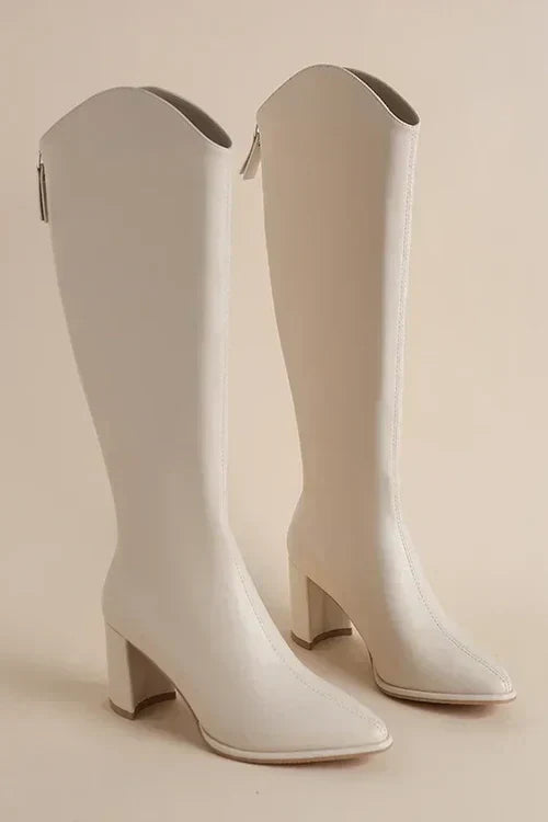 Women's black leather knee-high boots elegant silhouette with durable rubber sole winter footwear