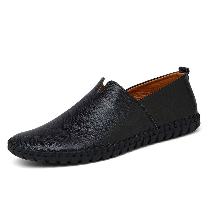 Men's plus size handmade PU leather slip-on loafers in classic tones, breathable smart-casual comfort fit