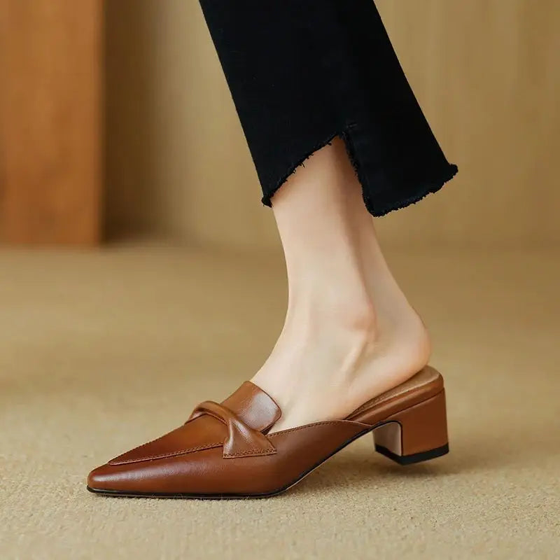 Women's genuine leather pointed-toe mules vintage silhouette refined stitching timeless comfort