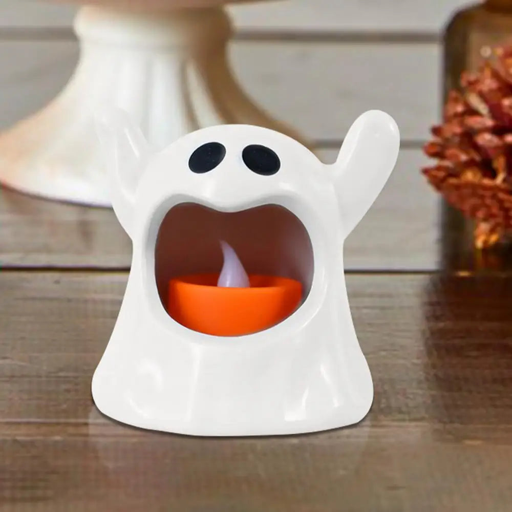 Ceramic flameless LED ghost candles battery-operated compact Halloween home decor safe glowing light
