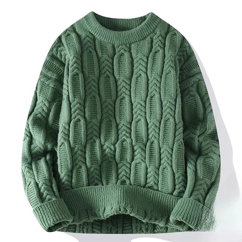 Unisex cable knit crewneck sweater with thick textured pattern, warm and easy-to-layer