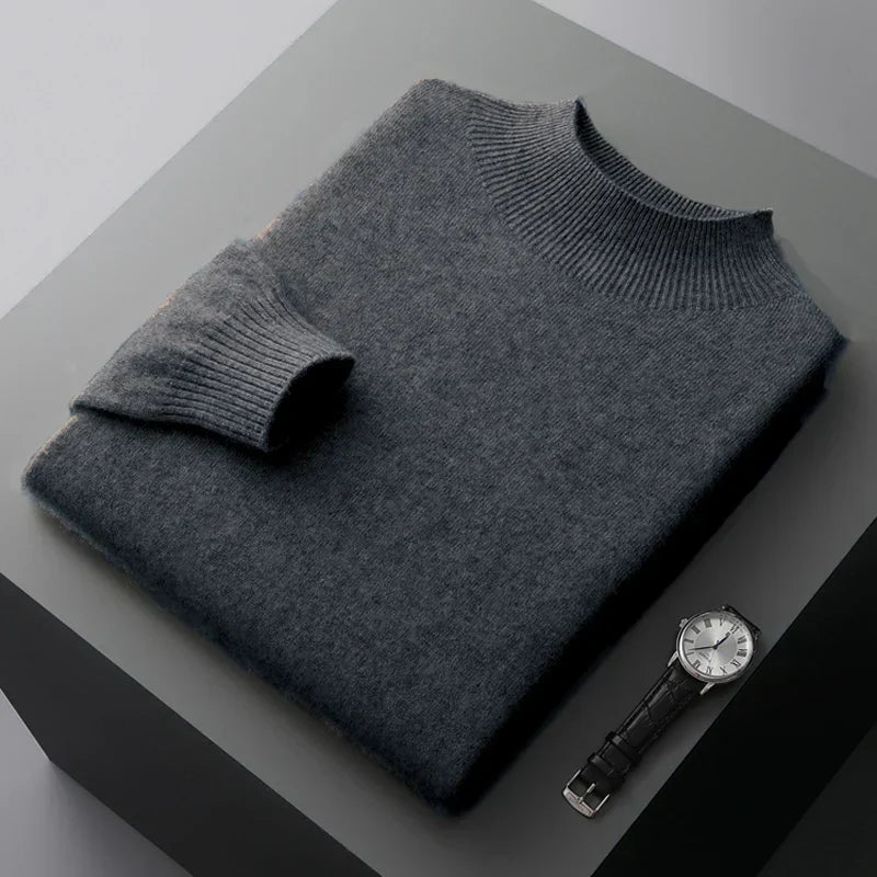 Men's wool knit sweatshirt regular fit semi-turtleneck with ribbed cuffs winter style